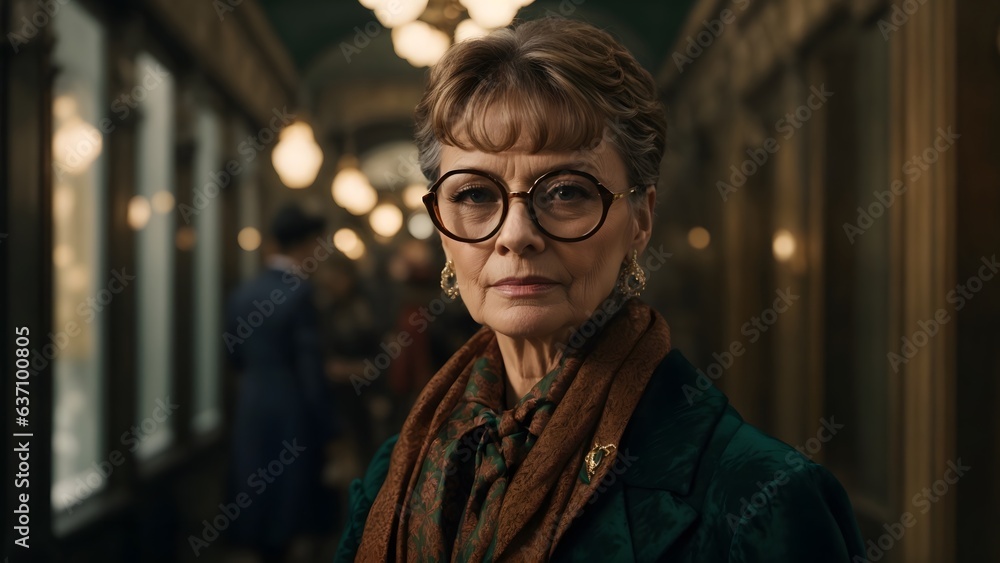A woman wearing glasses standing in a hallway A woman wearing glasses standing in a hallway