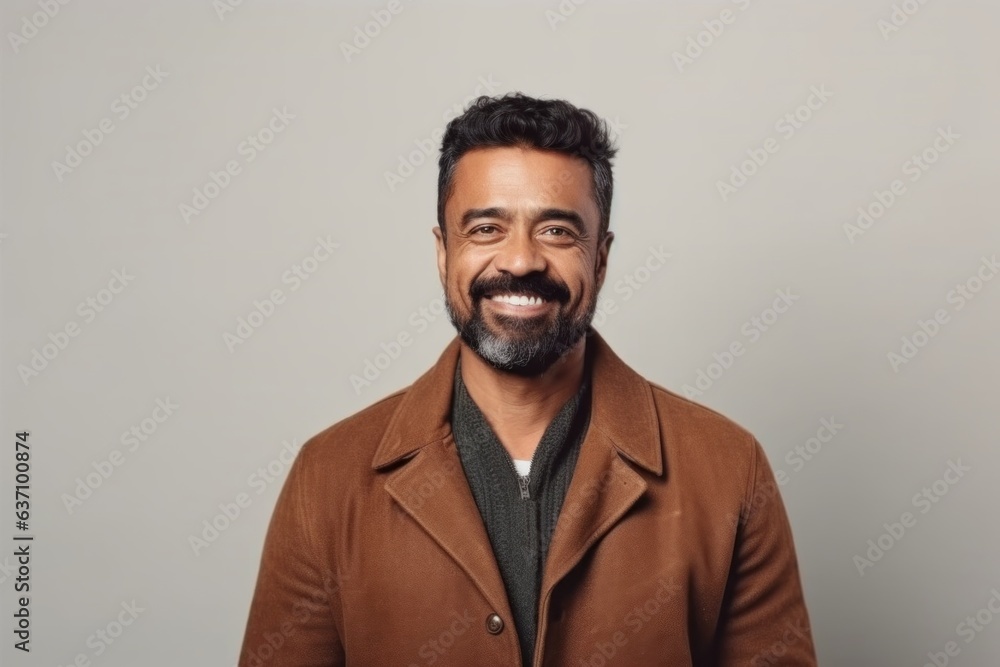 Medium shot portrait of an Indian man in his 40s in a minimalist background Medium shot portrait of an Indian man in his 40s in a minimalist background