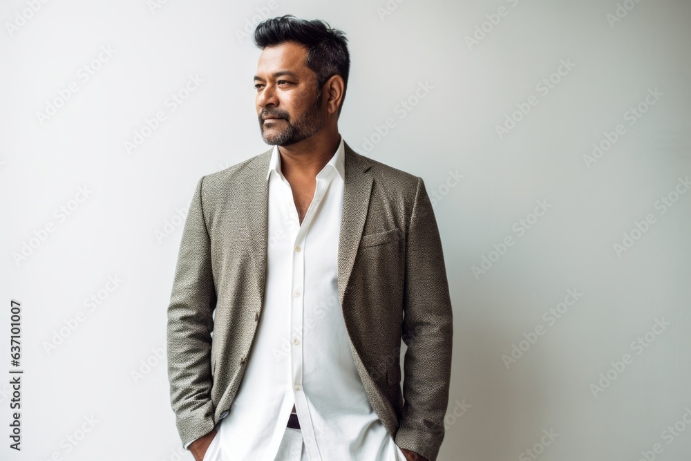Lifestyle portrait of an Indian man in his 40s in a minimalist background Lifestyle portrait of an Indian man in his 40s in a minimalist background