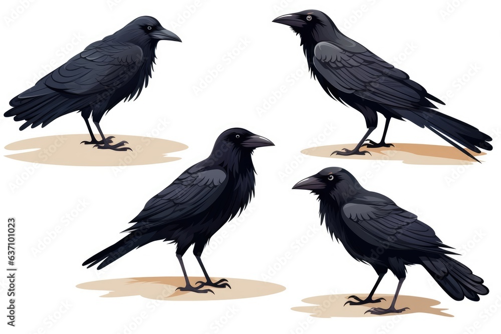 Fototapeta premium black crows in different poses isolated on white