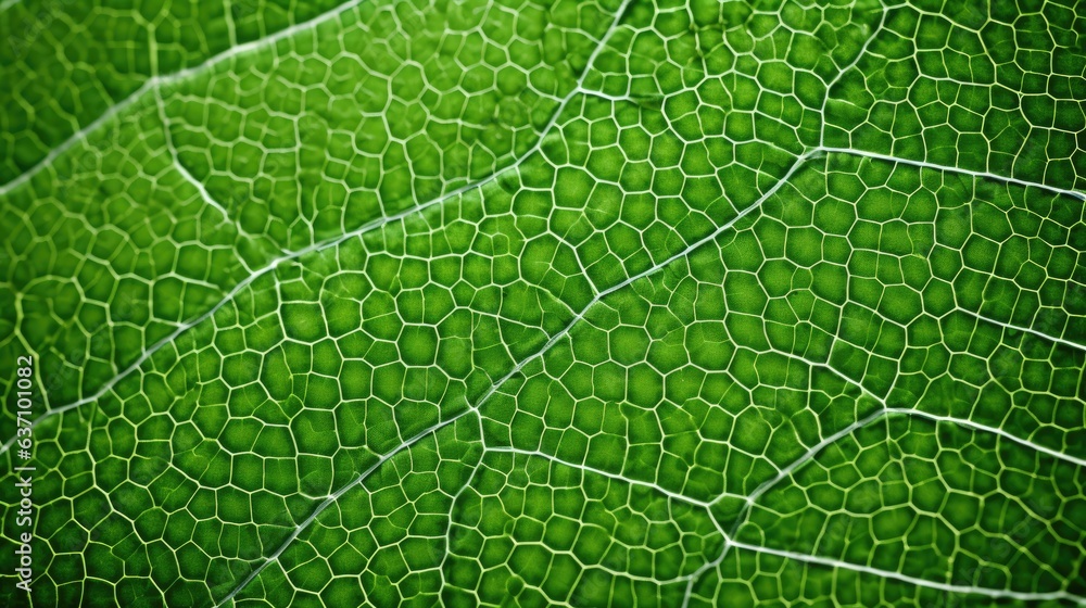 Texture of a green leaf close-up. Beautiful nature backdrop. Illustration for brochure, poster, cover, presentation or banner.