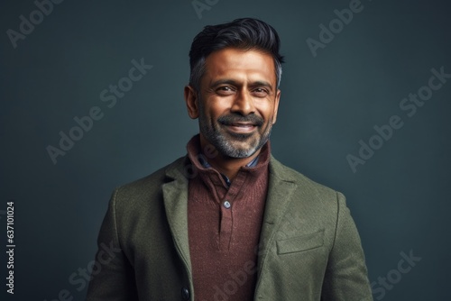 Lifestyle portrait of an Indian man in his 40s in a minimalist background © Eber Braun