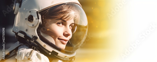 Captivating young female astronaut, playfully pixie haircut, holding helmet in sideways stance. Background subtly showcases spacecraft and Earth from space. photo