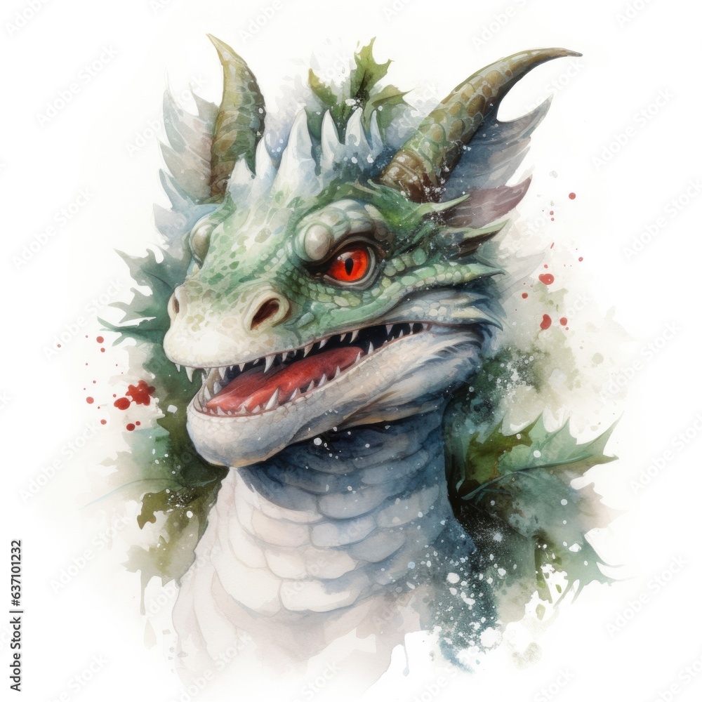 Green dragon painted with watercolors. Symbol of the new 2024 year. Mythical creature from fantasy stories. White back Green dragon painted with watercolors. Symbol of the new 2024 year. Mythical creature from fantasy stories. White back