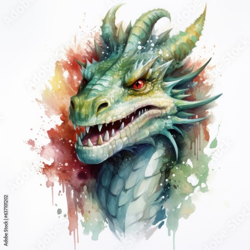 Green dragon painted with watercolors. Symbol of the new 2024 year. Mythical creature from fantasy stories. White back