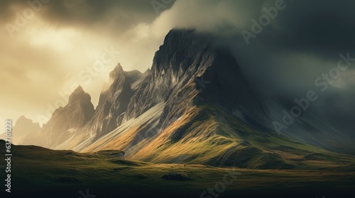 dark landscape with mountain and foggy clouds