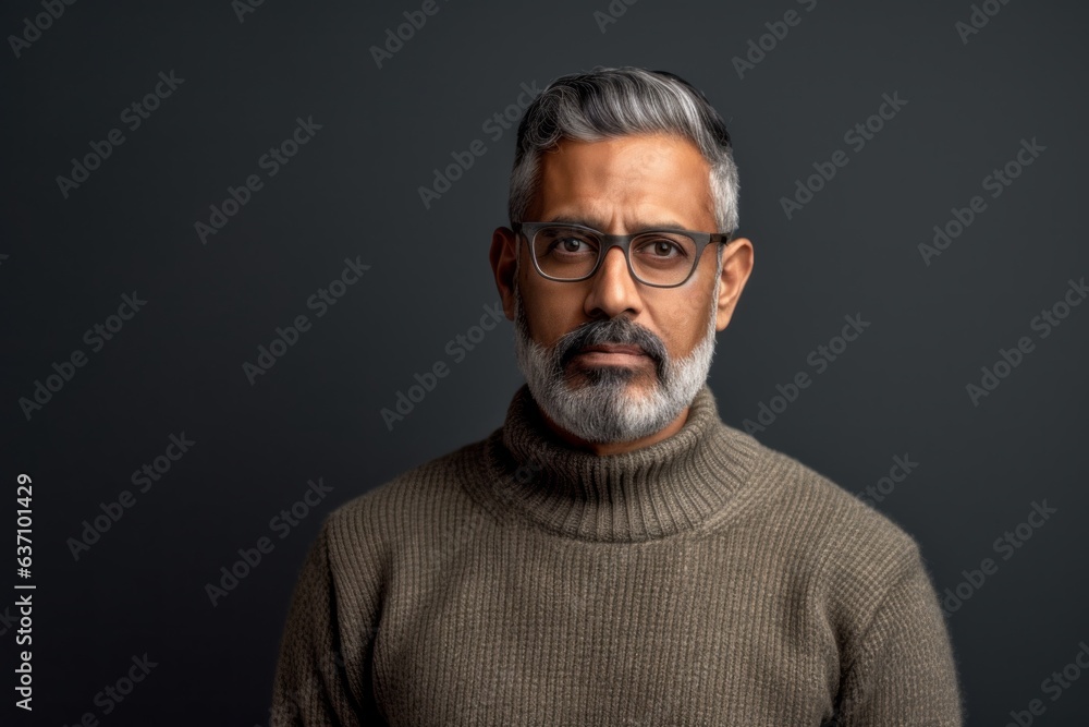 Lifestyle portrait of an Indian man in his 50s in a minimalist background