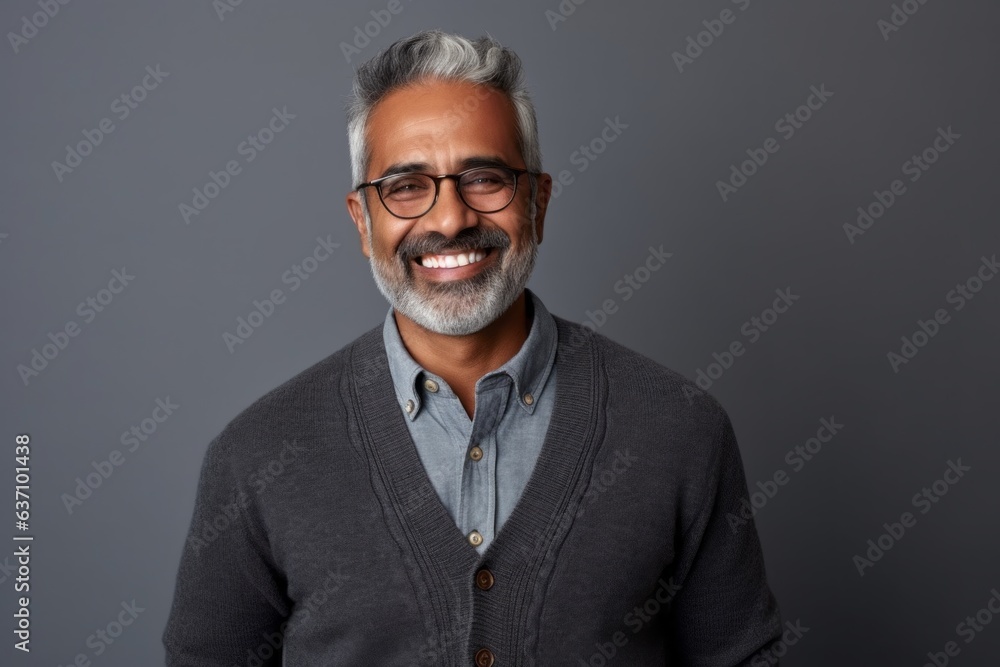 Medium shot portrait of an Indian man in his 50s in a minimalist background Medium shot portrait of an Indian man in his 50s in a minimalist background