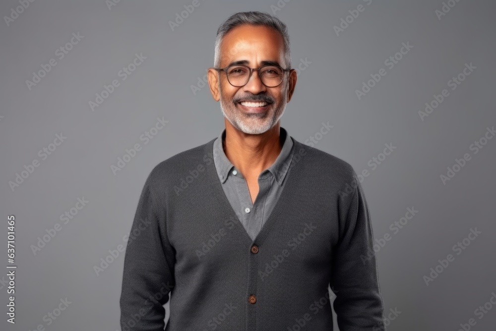 Medium shot portrait of an Indian man in his 50s in a minimalist background Medium shot portrait of an Indian man in his 50s in a minimalist background