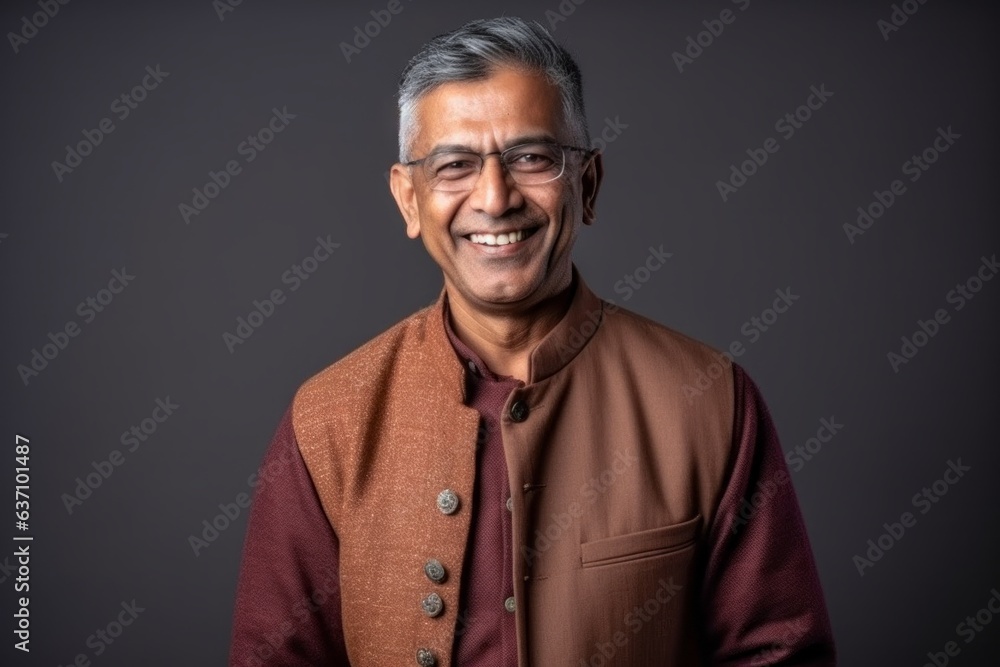 Medium shot portrait of an Indian man in his 50s in a minimalist background Medium shot portrait of an Indian man in his 50s in a minimalist background