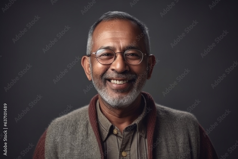 Medium shot portrait of an Indian man in his 50s in a minimalist background Medium shot portrait of an Indian man in his 50s in a minimalist background
