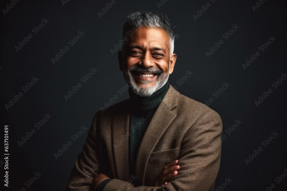 Medium shot portrait of an Indian man in his 50s in a minimalist background