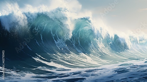 A big breaking ocean wave with white foam. Illustration for banner, poster, cover, brochure or presentation.