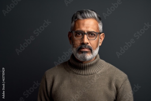 Lifestyle portrait of an Indian man in his 50s in a minimalist background