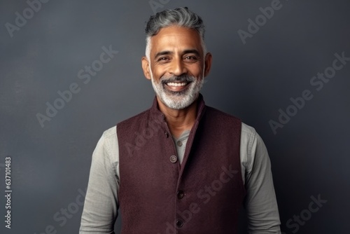 Medium shot portrait of an Indian man in his 50s in a minimalist background
