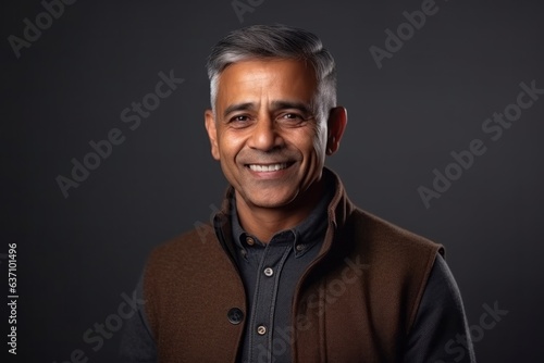 Medium shot portrait of an Indian man in his 50s in a minimalist background