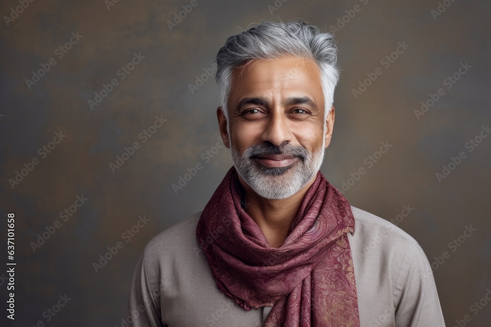 Lifestyle portrait of an Indian man in his 50s wearing a foulard in a minimalist background Lifestyle portrait of an Indian man in his 50s wearing a foulard in a minimalist background