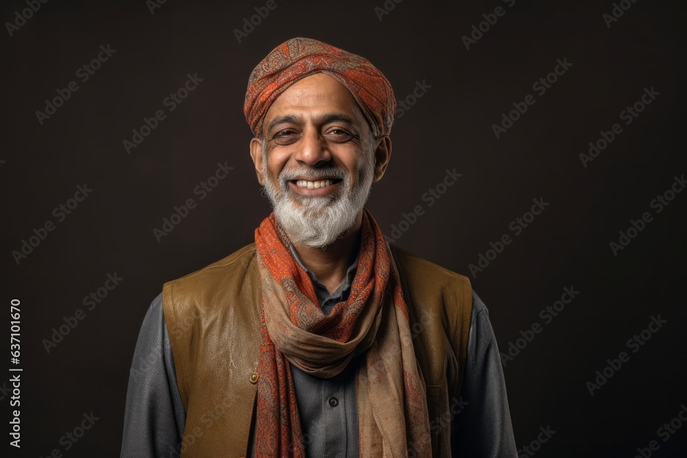Lifestyle portrait of an Indian man in his 50s wearing a foulard in a minimalist background Lifestyle portrait of an Indian man in his 50s wearing a foulard in a minimalist background