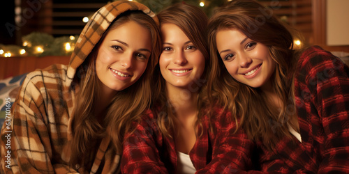 Enchanting scene of three young women in cozy flannel pajamas, captivated by an unseen movie. Evokes shared enjoyment and bonding in amber-lit home theater.