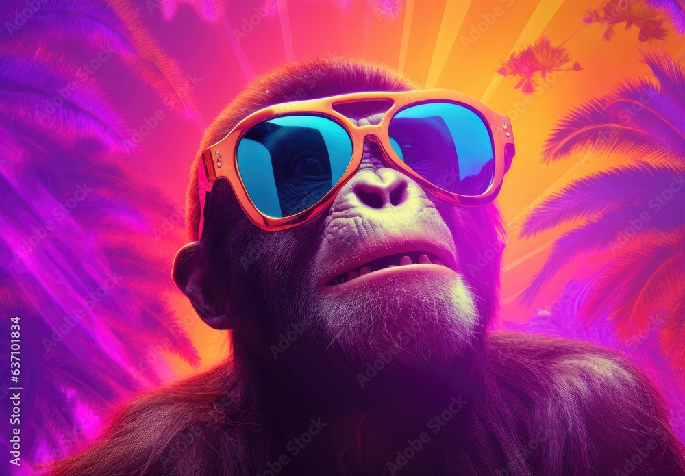 Colorful painting of gorilla or chimpanzee. Digital art of multicolored monkey on colored background. Full muzzle view. Graffiti style. Printable design for t-shirts, mugs, cases, bags, pillows etc. - obrazy, fototapety, plakaty 