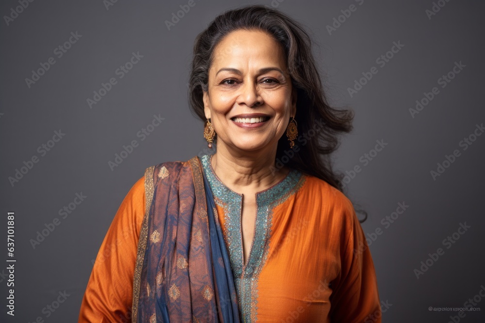 Lifestyle portrait of an Indian woman in her 60s wearing salwar kameez in a minimalist background Lifestyle portrait of an Indian woman in her 60s wearing salwar kameez in a minimalist background