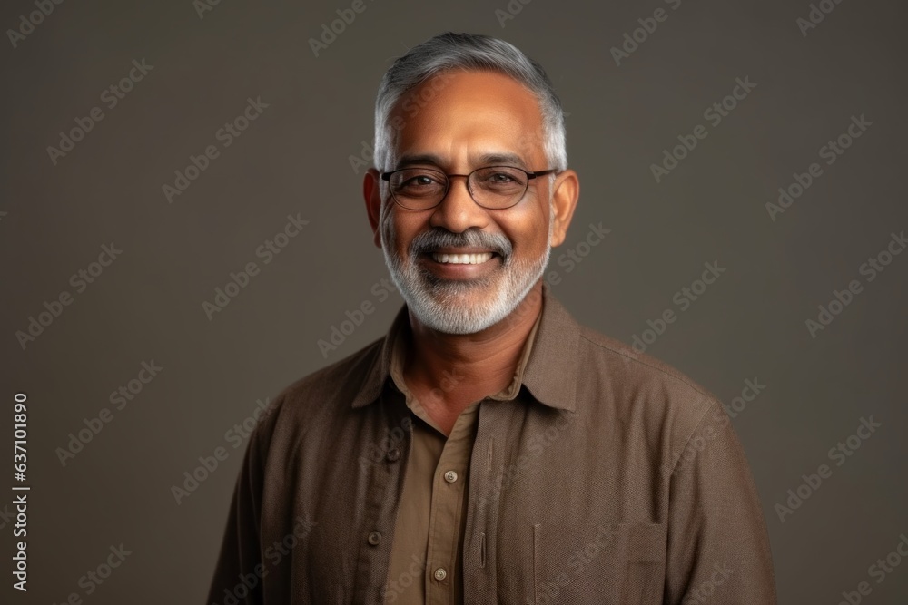 Medium shot portrait of an Indian man in his 60s in a minimalist background Medium shot portrait of an Indian man in his 60s in a minimalist background