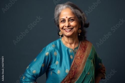 Lifestyle portrait of an Indian woman in her 60s wearing salwar kameez in a minimalist background photo