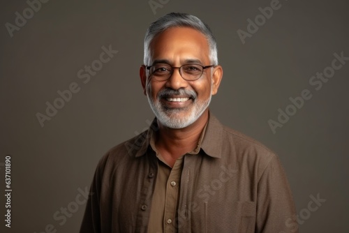 Medium shot portrait of an Indian man in his 60s in a minimalist background