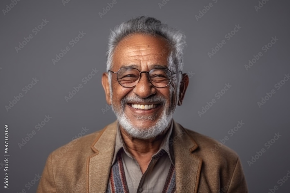 Medium shot portrait of an Indian man in his 70s in a minimalist background Medium shot portrait of an Indian man in his 70s in a minimalist background