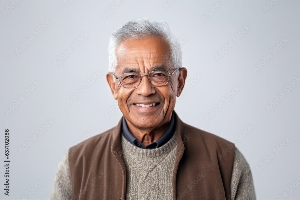 Medium shot portrait of an Indian man in his 70s in a minimalist background Medium shot portrait of an Indian man in his 70s in a minimalist background