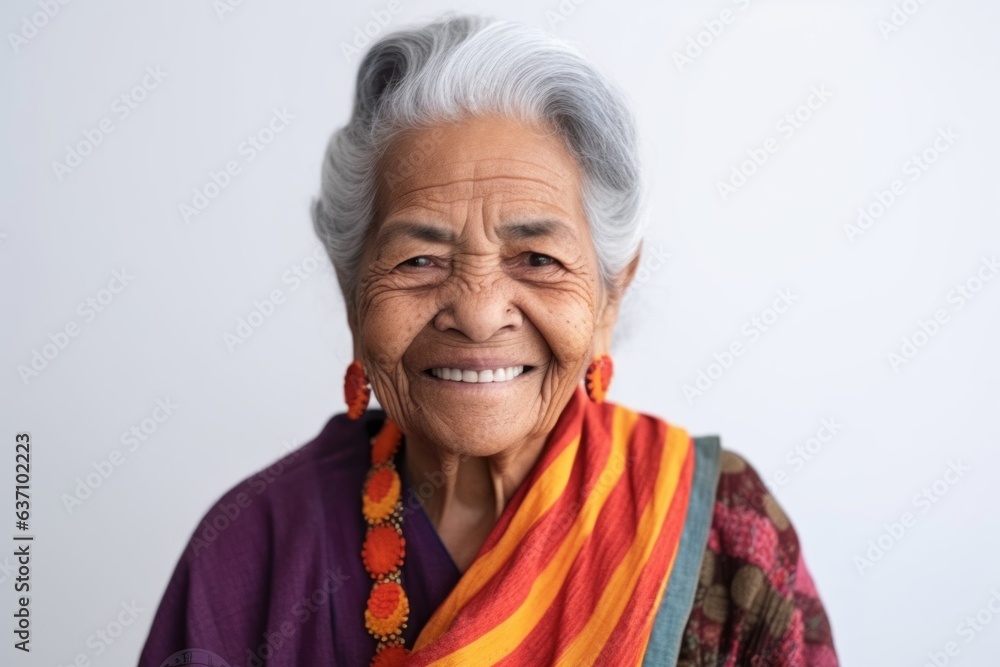 Medium shot portrait of an Indian woman in her 90s in a minimalist background Medium shot portrait of an Indian woman in her 90s in a minimalist background