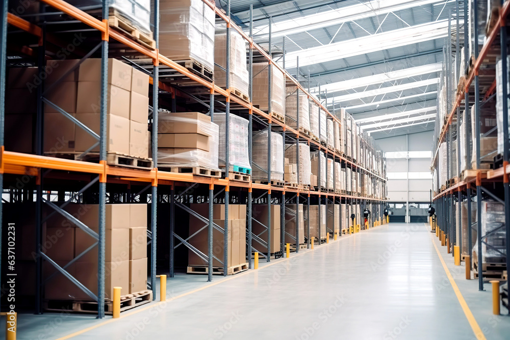 Warehouse full of shelves with goods in cardboard boxes and packages. Warehouse full of shelves with goods in cardboard boxes and packages.