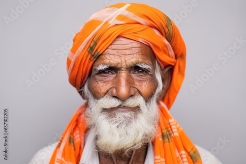 Medium shot portrait of an Indian man in his 80s wearing a foulard in a minimalist background