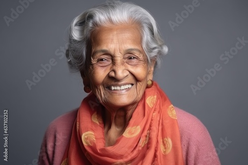 Medium shot portrait of an Indian woman in her 90s in a minimalist background