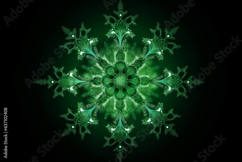 A vibrant green snowflake against a dark backdrop
