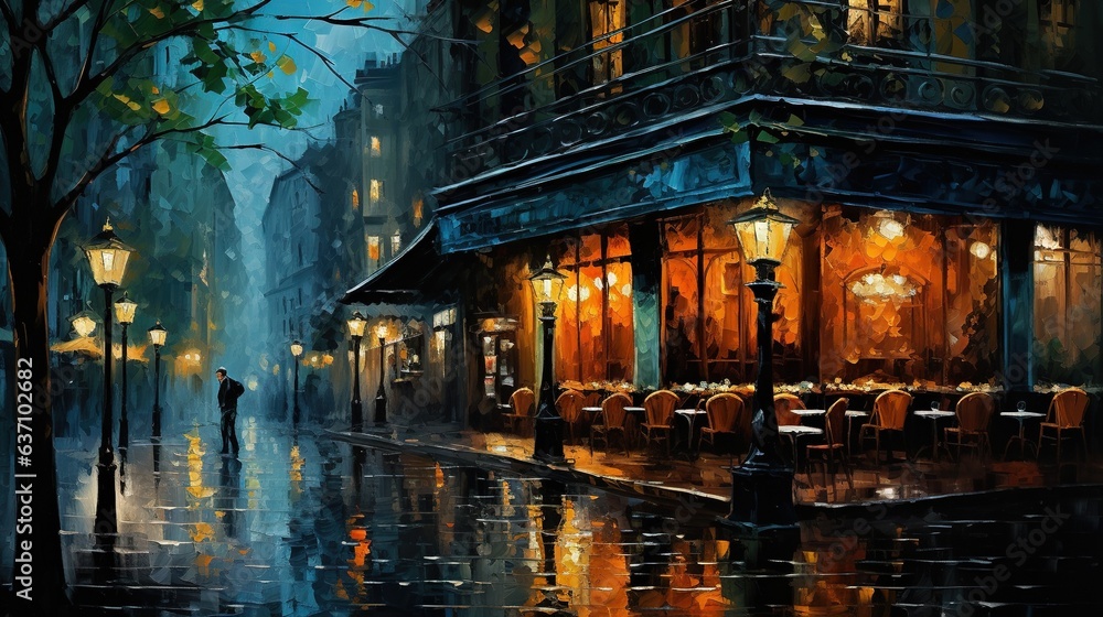 Fototapeta premium a painting of a man walking down a street at night. generative ai