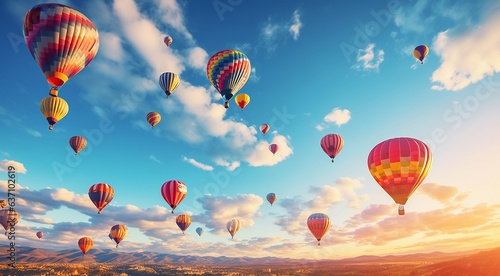 hot colored air balloons in sky, close-up of hot air balloons
