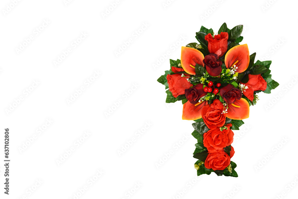 Obraz premium Sympathy card or Condolence card with floral cross isolated on white background, copy space