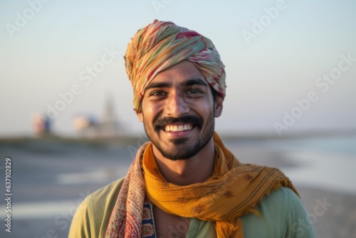 Medium shot portrait of an Indian man in his 20s wearing a foulard in a beach 