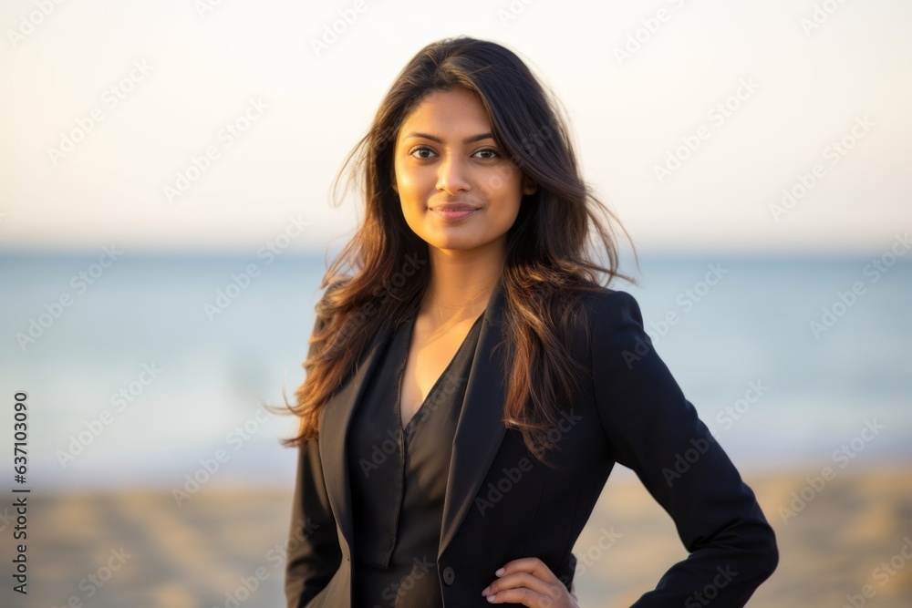 Group portrait of an Indian woman in her 30s wearing a sleek suit in a beach 