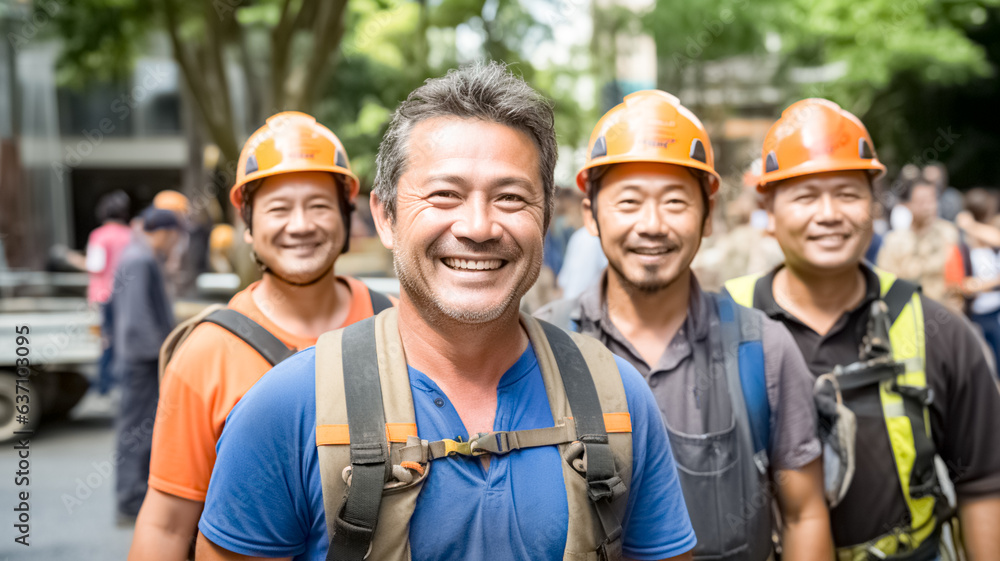 A group of happy asian workers laughing on building site. Engineering, construction site and team outdoor for building project, planning and architecture.
A group of happy asian workers laughing on building site. Engineering, construction site and team outdoor for building project, planning and architecture.