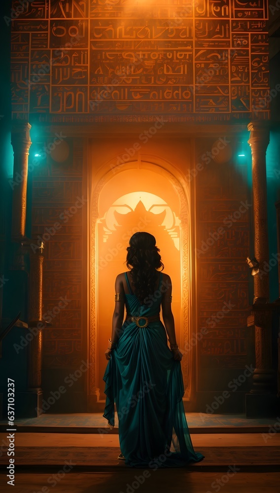 A woman in a blue dress standing in front of a doorway