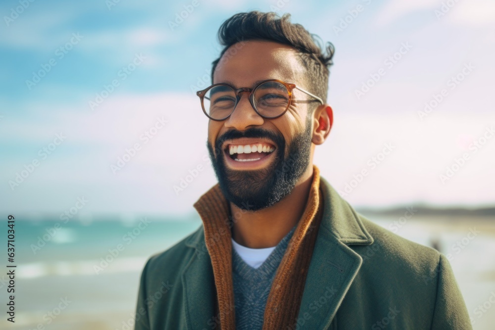 Medium shot portrait of an Indian man in his 30s in a beach Medium shot portrait of an Indian man in his 30s in a beach