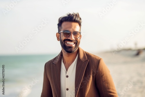 Medium shot portrait of an Indian man in his 30s in a beach 