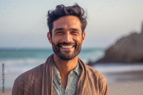 Medium shot portrait of an Indian man in his 30s in a beach 