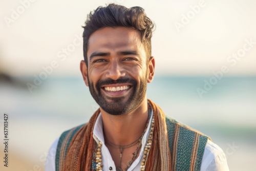 Close-up portrait of an Indian man in his 30s in a beach 