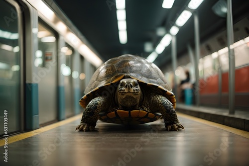 A tortoise crawling on the ground in a subway station