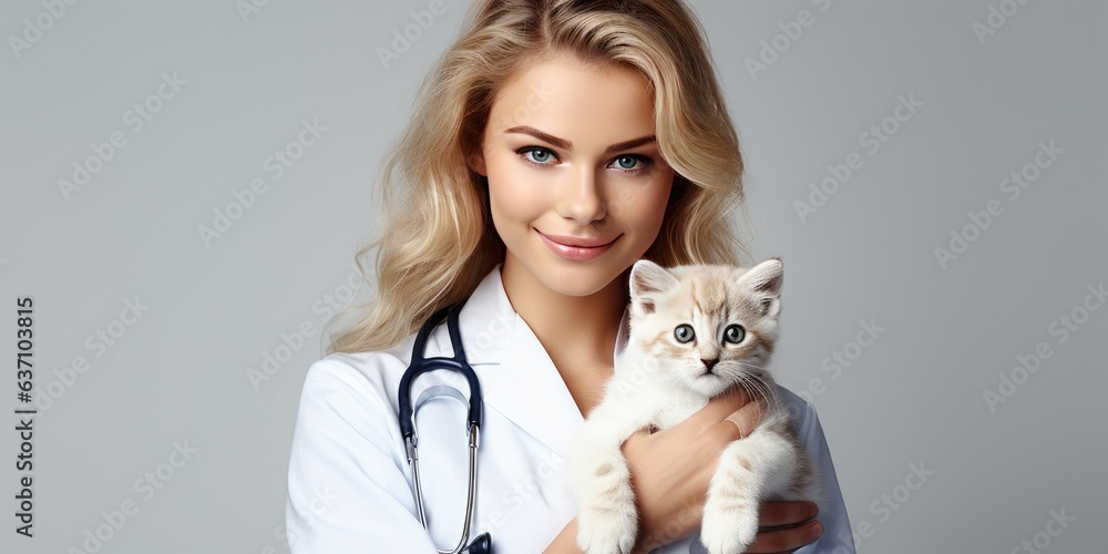 A female veterinarian holds a cute cheerful cat her arms nearby. Generative AI A female veterinarian holds a cute cheerful cat her arms nearby. Generative AI