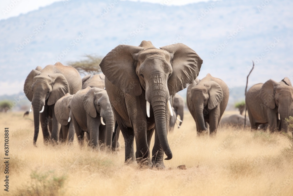 Obraz premium A majestic herd of elephants crossing a golden savannah