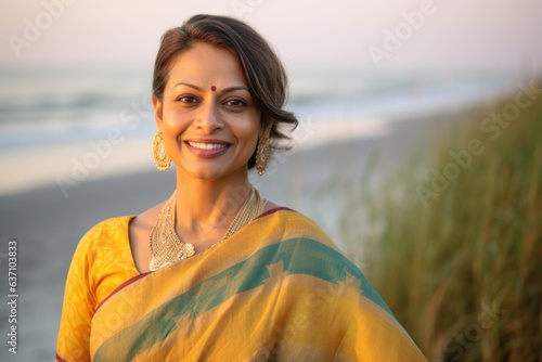 Leinwand Poster Beautiful indian woman in saree on the beach at sunset